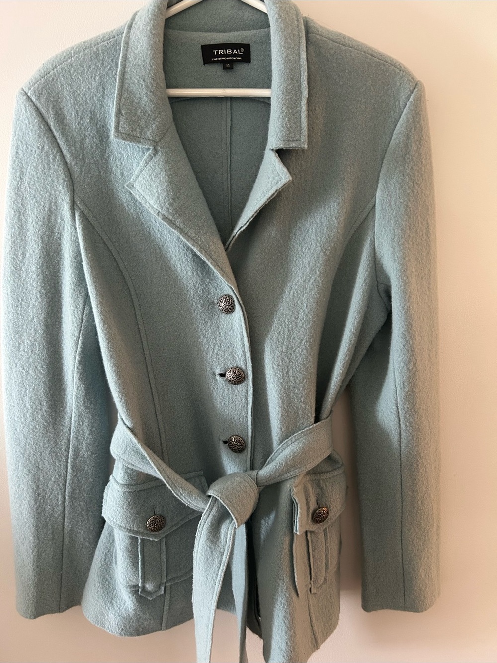 TRIBAL Pale Blue Belted 100 %Wool-  Coat